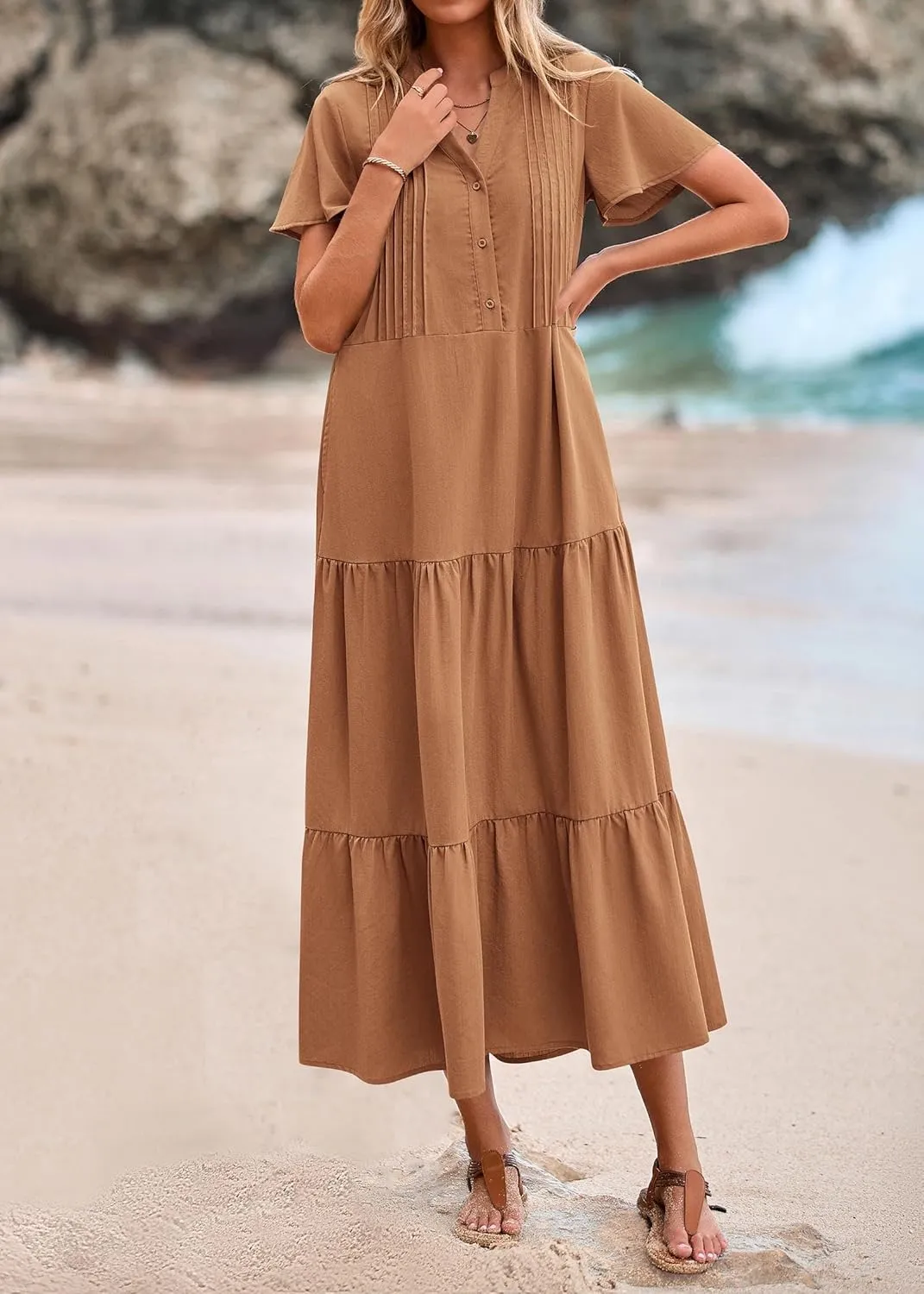 KIRUNDO Summer Maxi Dresses for Women 2025 Spring Fashion Short Sleeve Button V Neck Pleated Loose Tiered Swing Flowy Dress