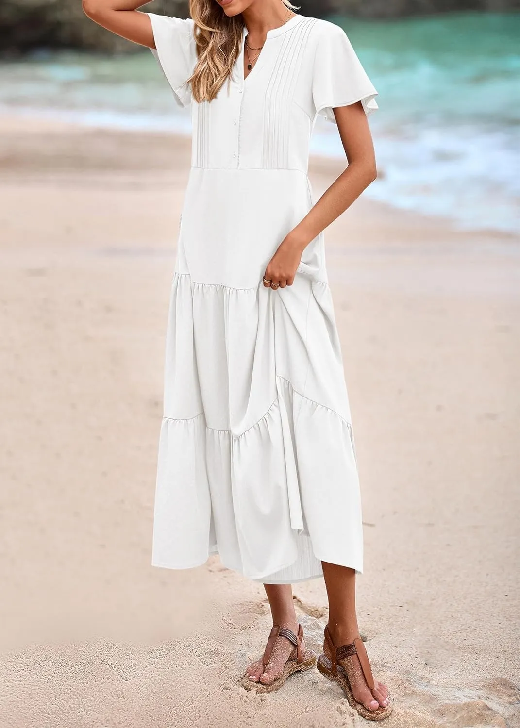 KIRUNDO Summer Maxi Dresses for Women 2025 Spring Fashion Short Sleeve Button V Neck Pleated Loose Tiered Swing Flowy Dress