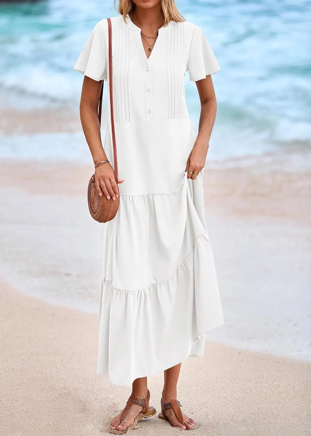 KIRUNDO Summer Maxi Dresses for Women 2025 Spring Fashion Short Sleeve Button V Neck Pleated Loose Tiered Swing Flowy Dress