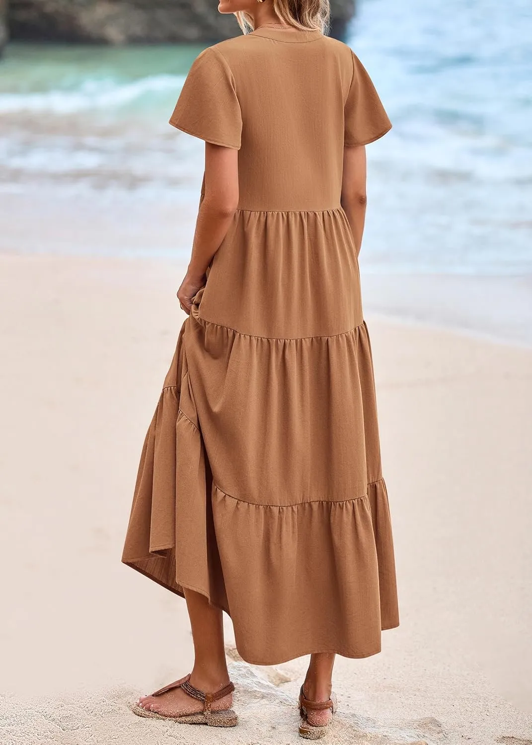 KIRUNDO Summer Maxi Dresses for Women 2025 Spring Fashion Short Sleeve Button V Neck Pleated Loose Tiered Swing Flowy Dress