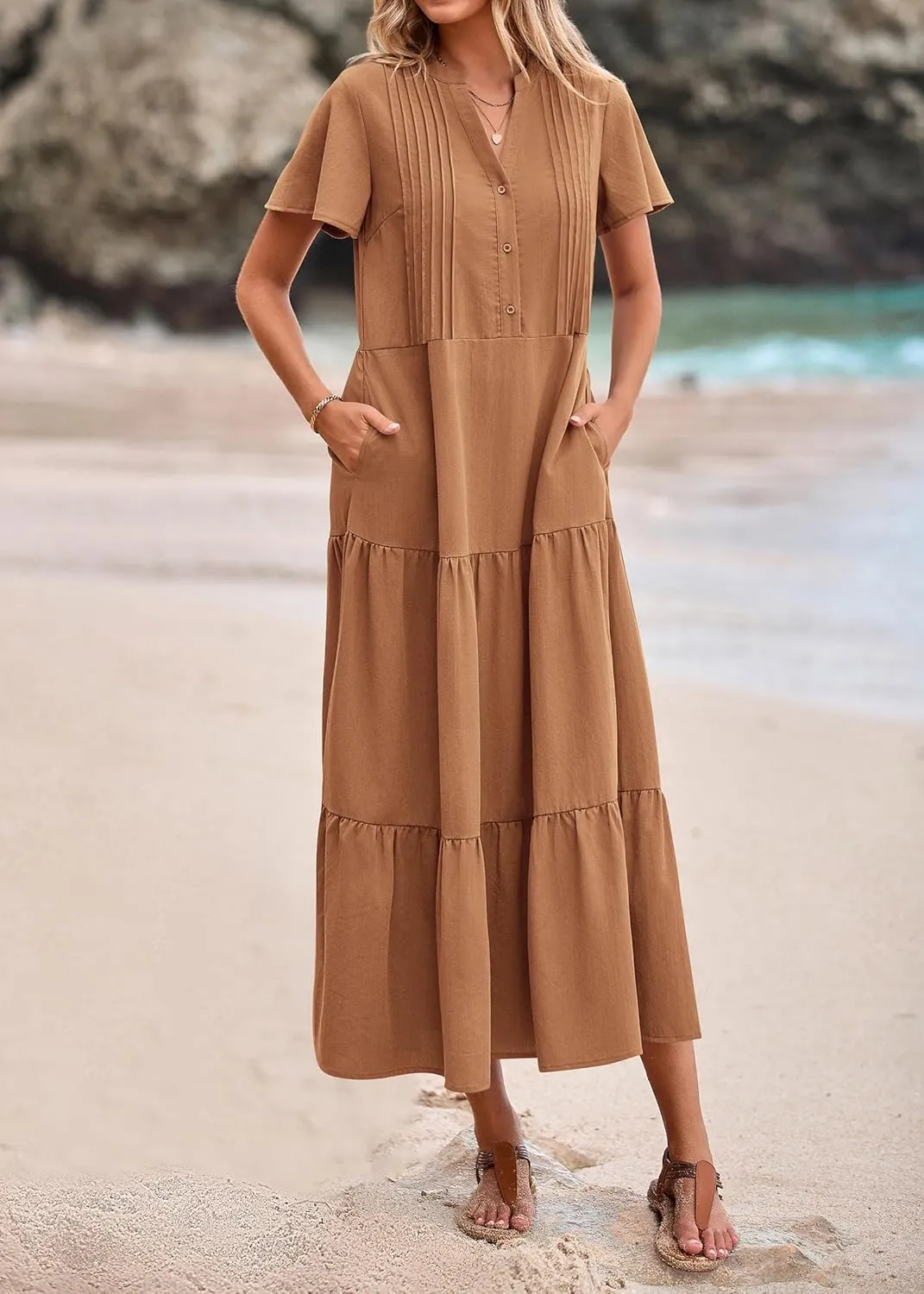 KIRUNDO Summer Maxi Dresses for Women 2025 Spring Fashion Short Sleeve Button V Neck Pleated Loose Tiered Swing Flowy Dress