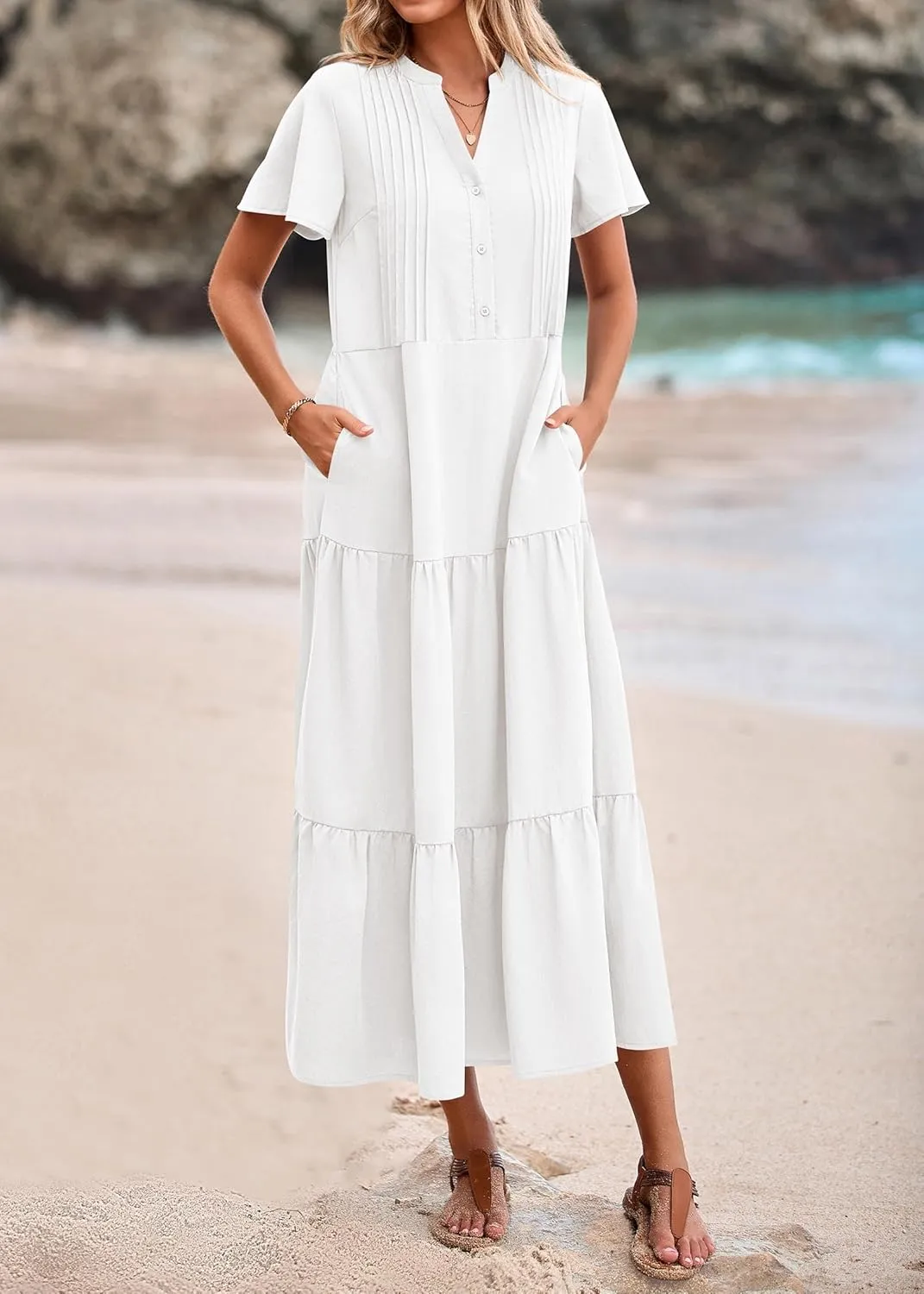 KIRUNDO Summer Maxi Dresses for Women 2025 Spring Fashion Short Sleeve Button V Neck Pleated Loose Tiered Swing Flowy Dress