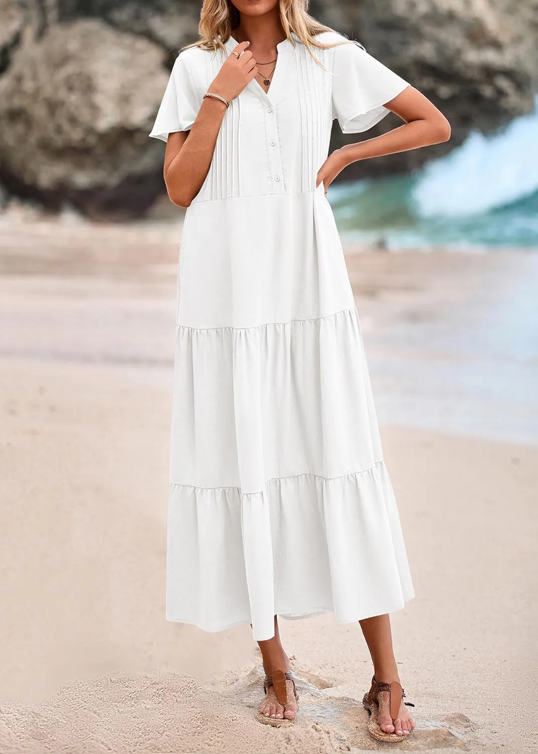 KIRUNDO Summer Maxi Dresses for Women 2025 Spring Fashion Short Sleeve Button V Neck Pleated Loose Tiered Swing Flowy Dress
