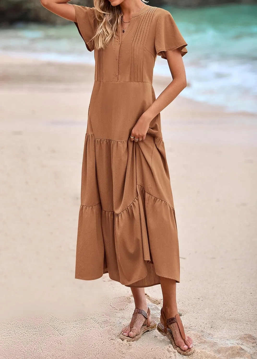 KIRUNDO Summer Maxi Dresses for Women 2025 Spring Fashion Short Sleeve Button V Neck Pleated Loose Tiered Swing Flowy Dress