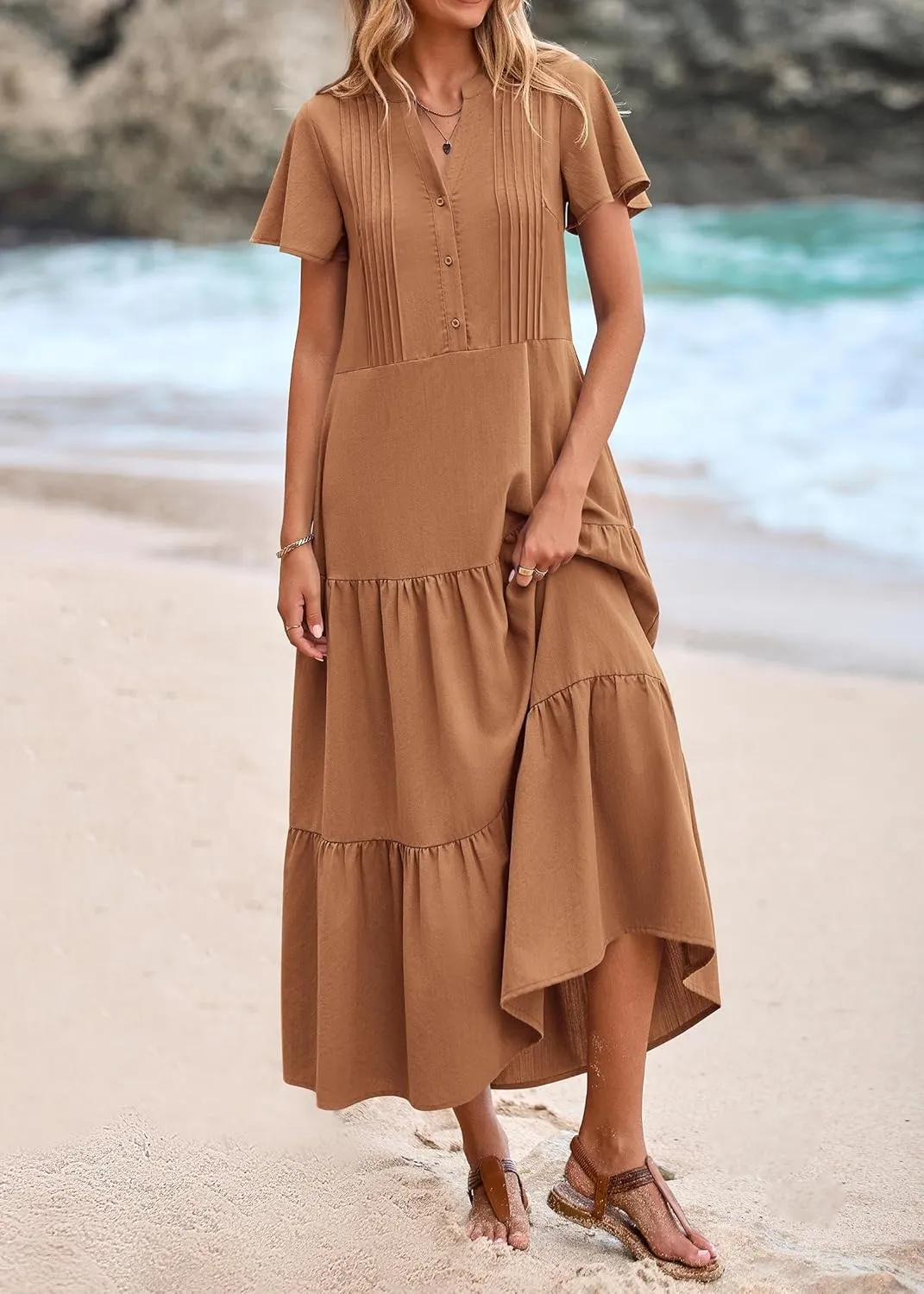 KIRUNDO Summer Maxi Dresses for Women 2025 Spring Fashion Short Sleeve Button V Neck Pleated Loose Tiered Swing Flowy Dress