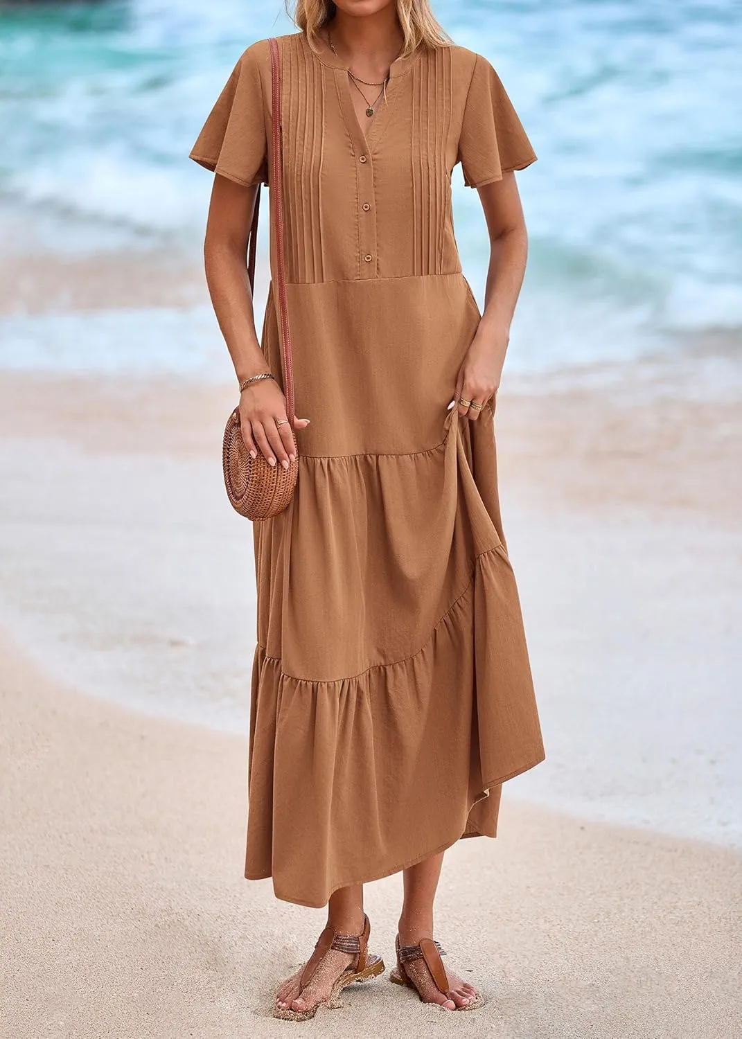 KIRUNDO Summer Maxi Dresses for Women 2025 Spring Fashion Short Sleeve Button V Neck Pleated Loose Tiered Swing Flowy Dress
