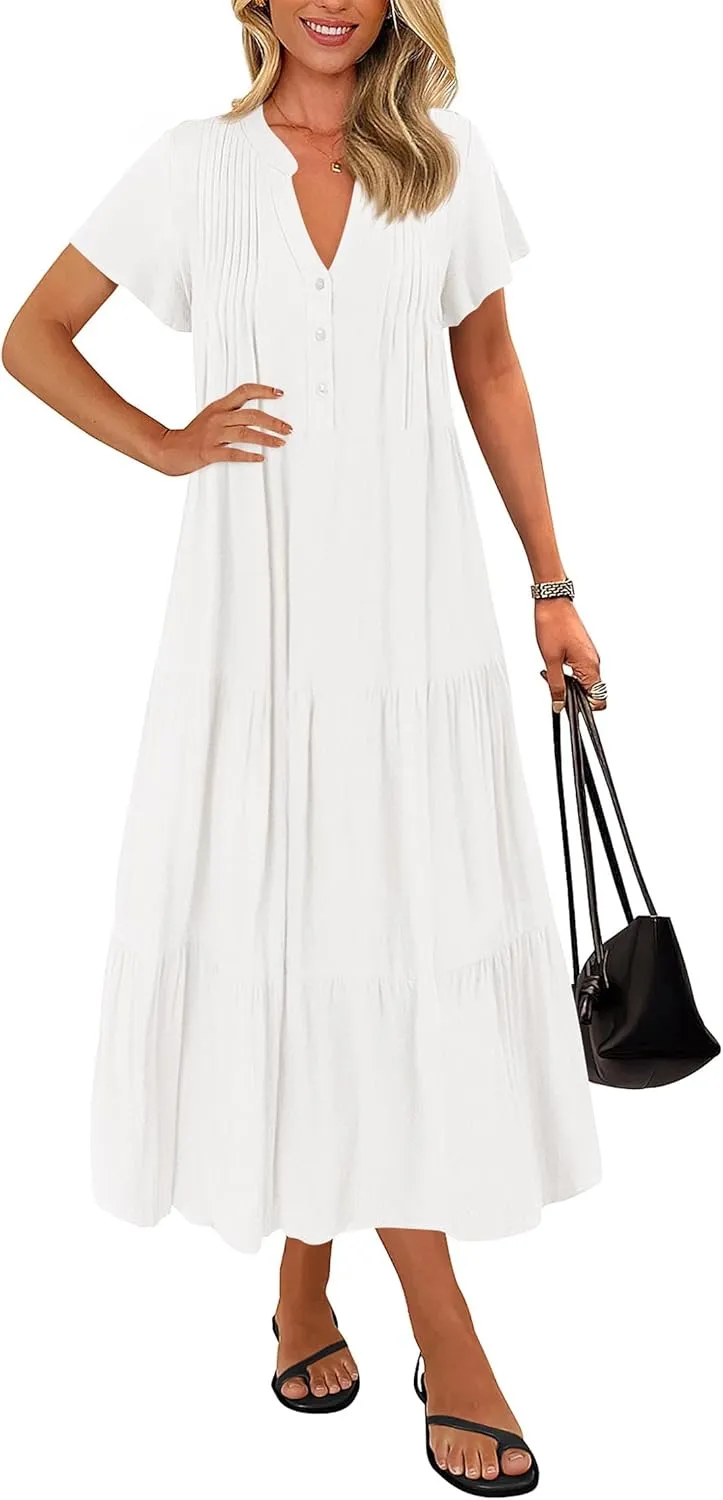 KIRUNDO Summer Maxi Dresses for Women 2025 Spring Fashion Short Sleeve Button V Neck Pleated Loose Tiered Swing Flowy Dress