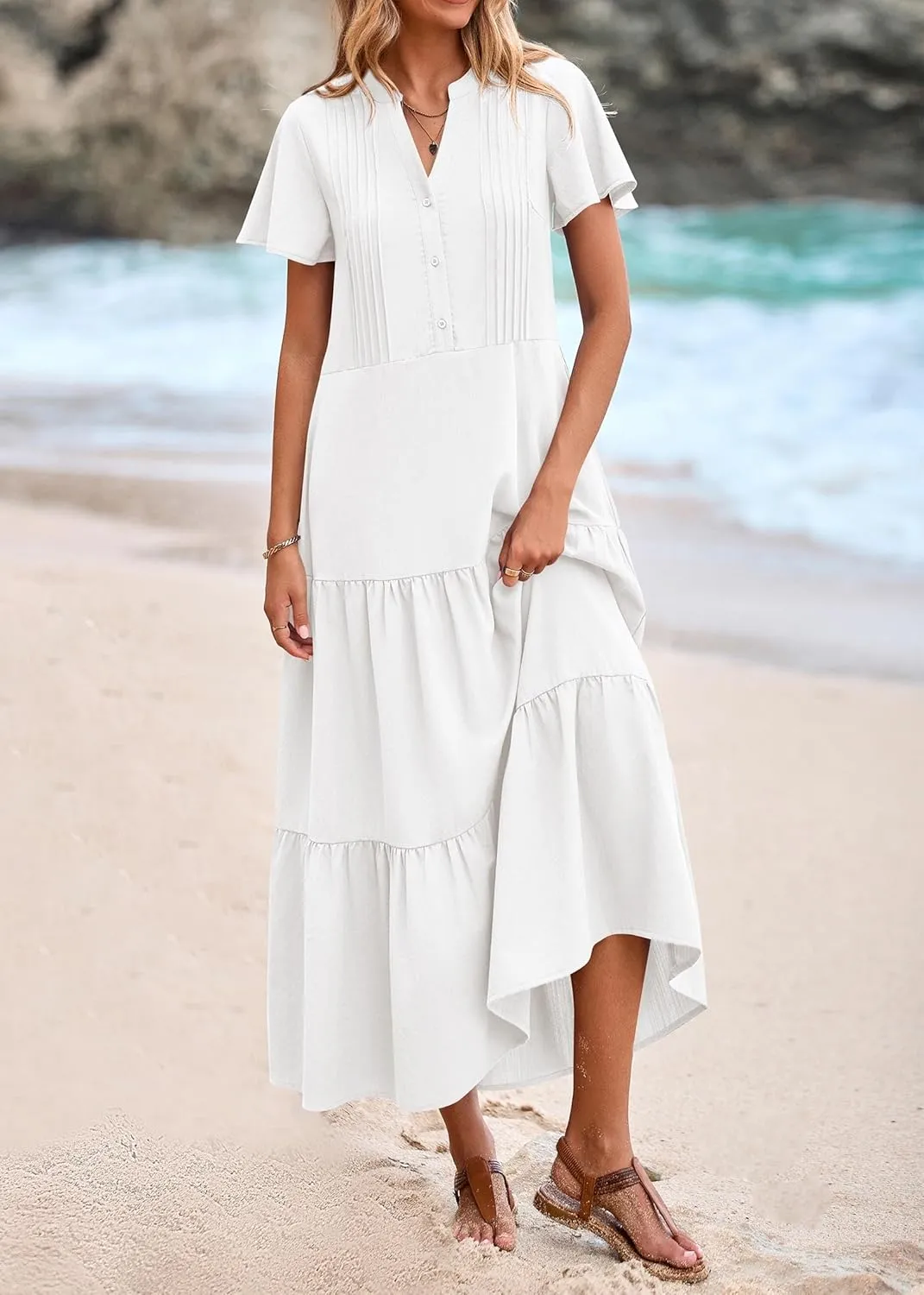 KIRUNDO Summer Maxi Dresses for Women 2025 Spring Fashion Short Sleeve Button V Neck Pleated Loose Tiered Swing Flowy Dress