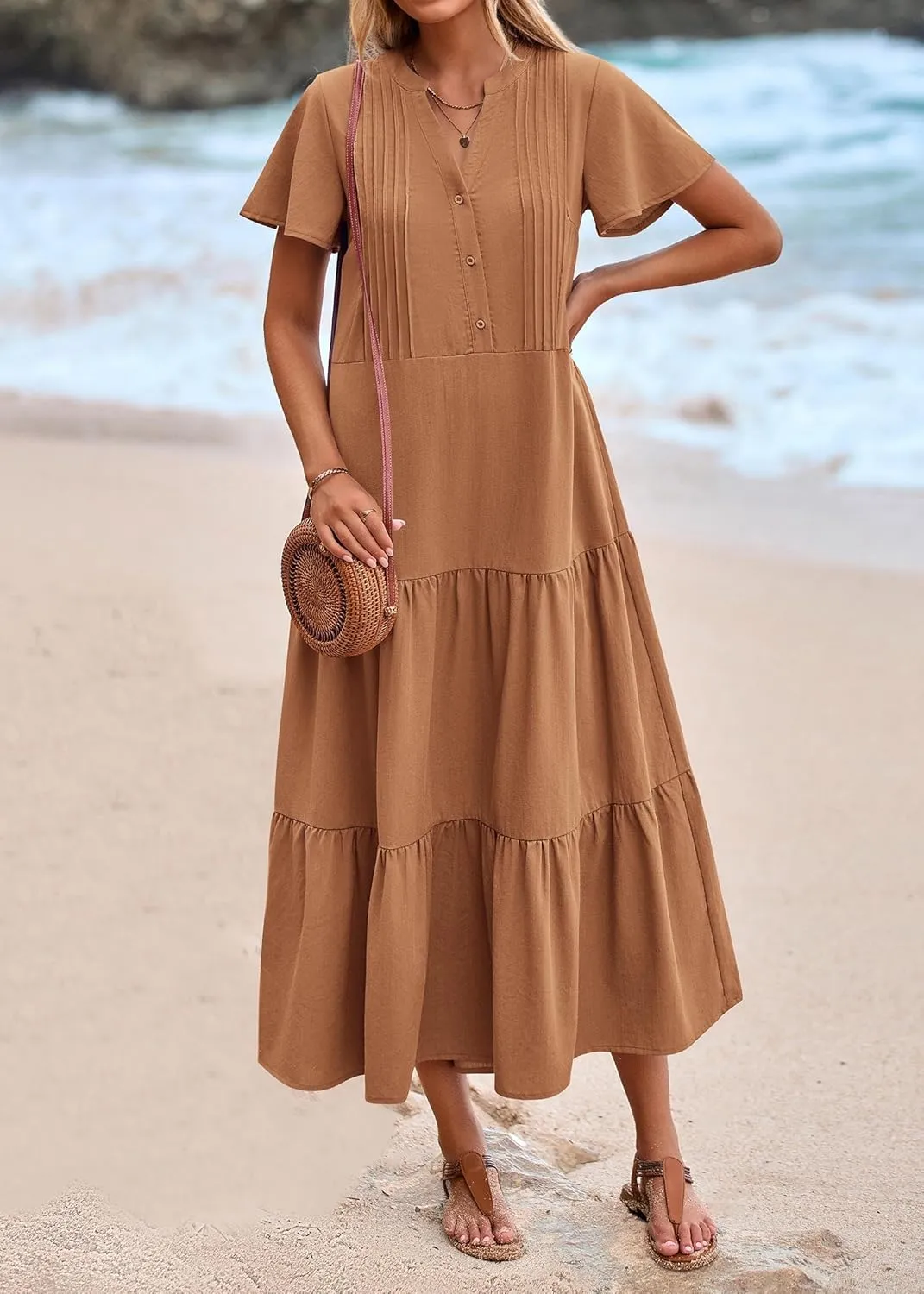 KIRUNDO Summer Maxi Dresses for Women 2025 Spring Fashion Short Sleeve Button V Neck Pleated Loose Tiered Swing Flowy Dress