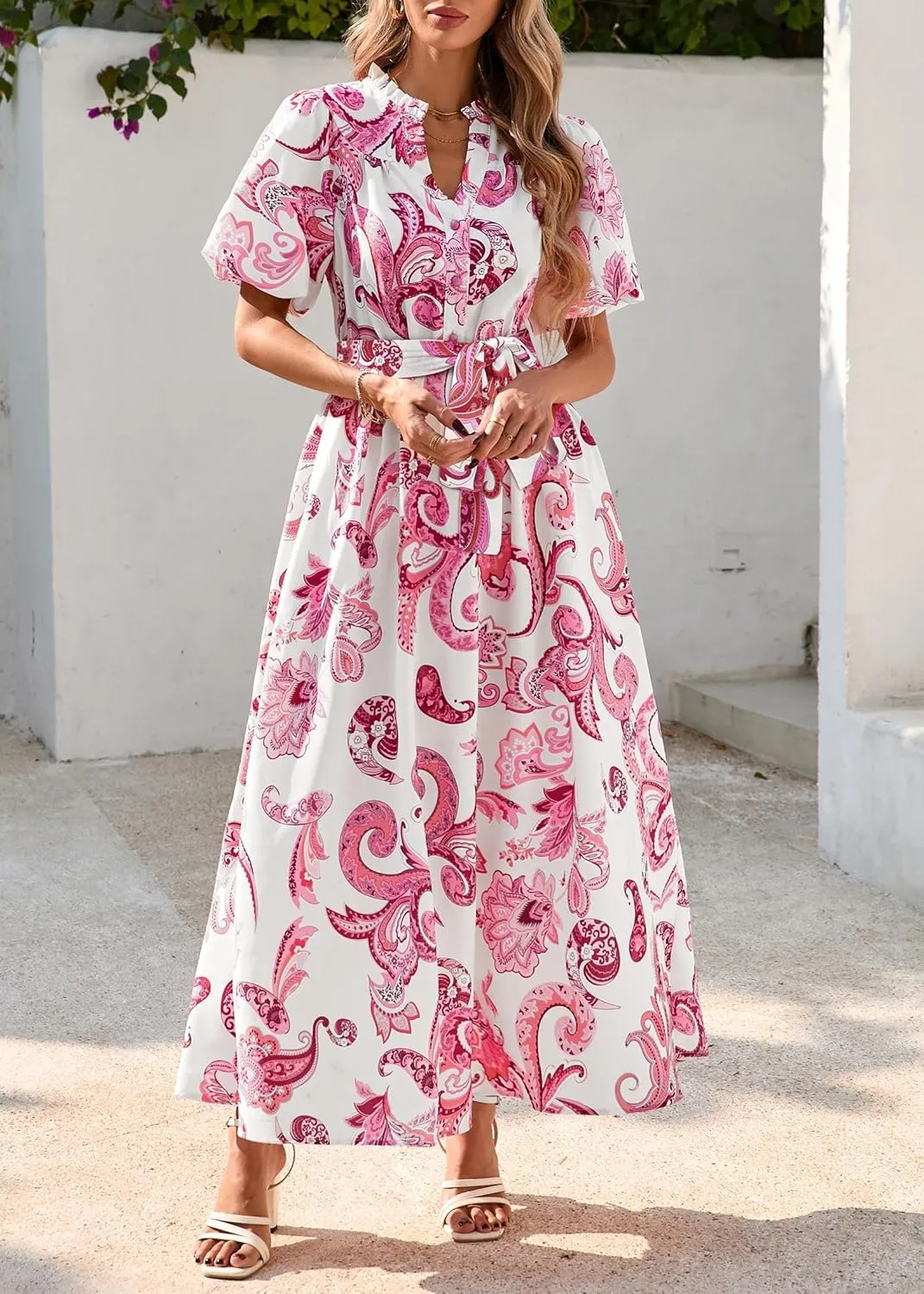 KIRUNDO Women Puff Sleeve Boho Floral Maxi Dress 2025 Spring Summer Button Shirt V Neck Flowy Belted Beach Vacation Dresses