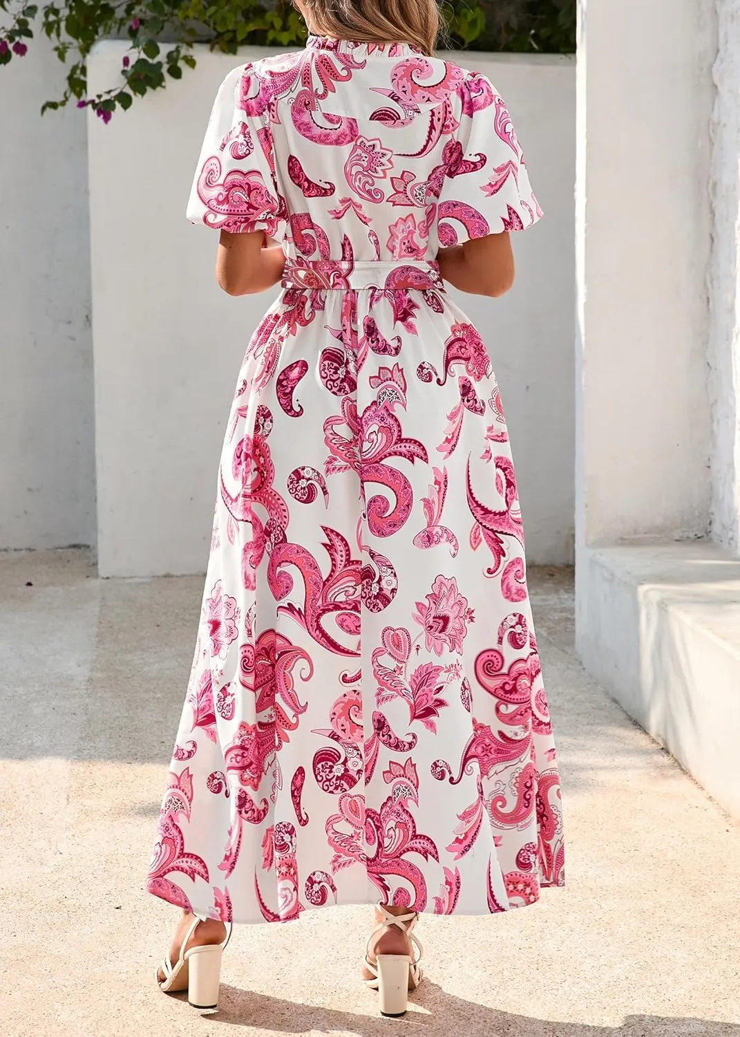 KIRUNDO Women Puff Sleeve Boho Floral Maxi Dress 2025 Spring Summer Button Shirt V Neck Flowy Belted Beach Vacation Dresses