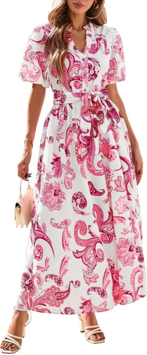 KIRUNDO Women Puff Sleeve Boho Floral Maxi Dress 2025 Spring Summer Button Shirt V Neck Flowy Belted Beach Vacation Dresses