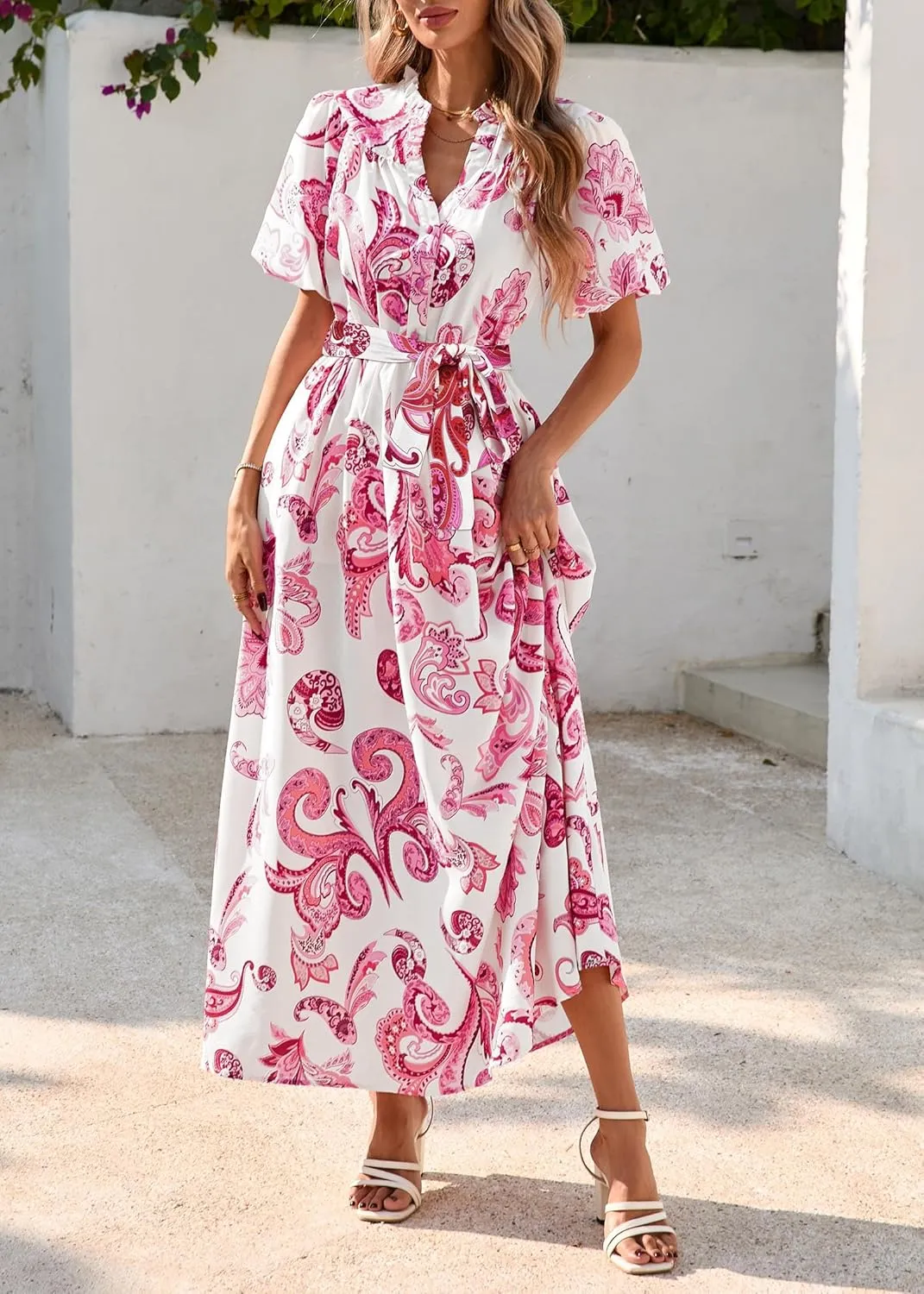 KIRUNDO Women Puff Sleeve Boho Floral Maxi Dress 2025 Spring Summer Button Shirt V Neck Flowy Belted Beach Vacation Dresses