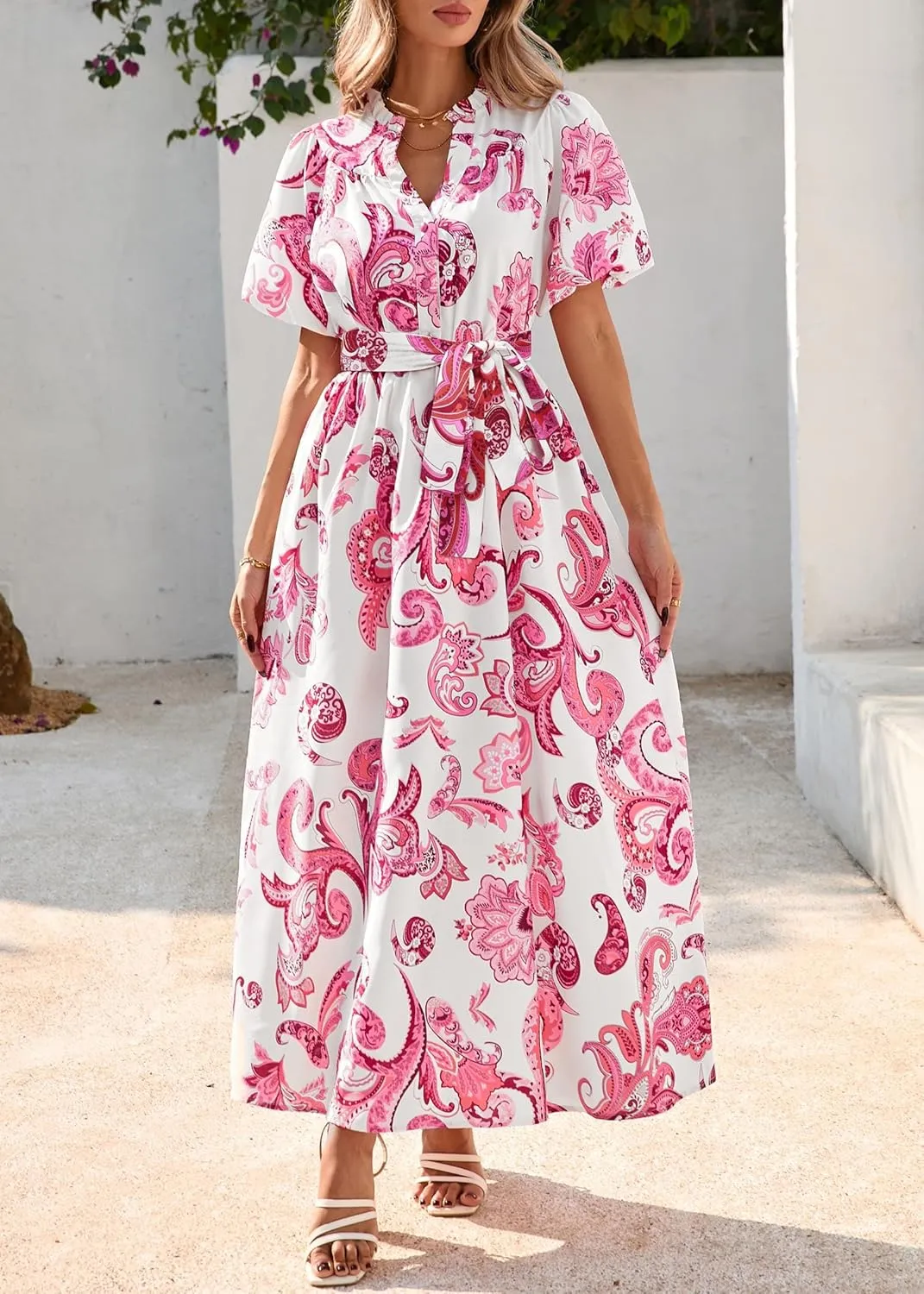 KIRUNDO Women Puff Sleeve Boho Floral Maxi Dress 2025 Spring Summer Button Shirt V Neck Flowy Belted Beach Vacation Dresses