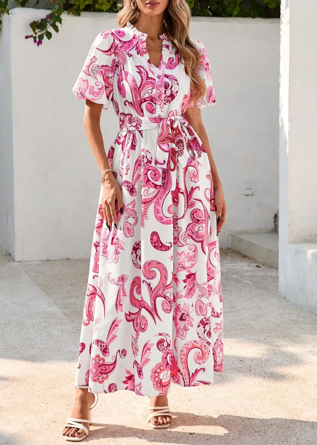 KIRUNDO Women Puff Sleeve Boho Floral Maxi Dress 2025 Spring Summer Button Shirt V Neck Flowy Belted Beach Vacation Dresses