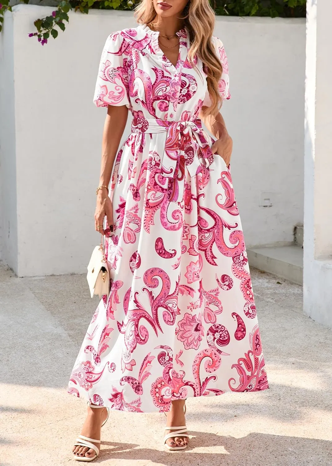 KIRUNDO Women Puff Sleeve Boho Floral Maxi Dress 2025 Spring Summer Button Shirt V Neck Flowy Belted Beach Vacation Dresses