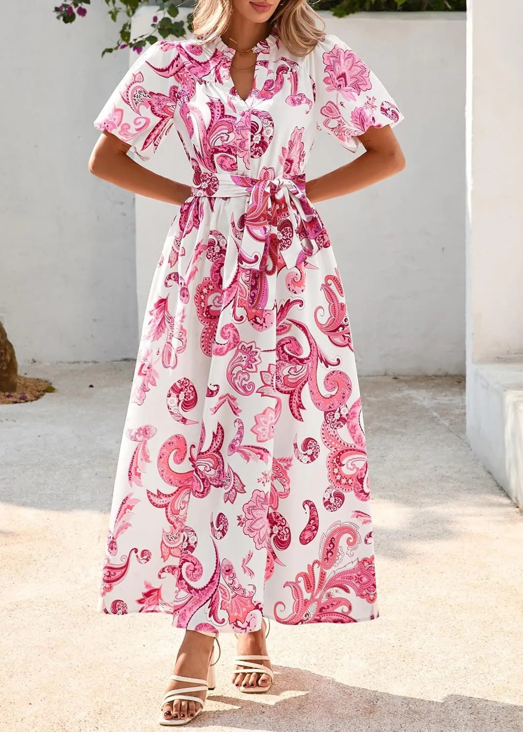 KIRUNDO Women Puff Sleeve Boho Floral Maxi Dress 2025 Spring Summer Button Shirt V Neck Flowy Belted Beach Vacation Dresses