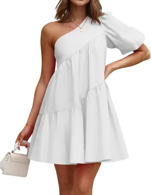 KIRUNDO Womens 2025 Summer Casual One Shoulder Mini Babydoll Dress Puff Sleeve Loose Tiered A Line Flowy Short Dresses