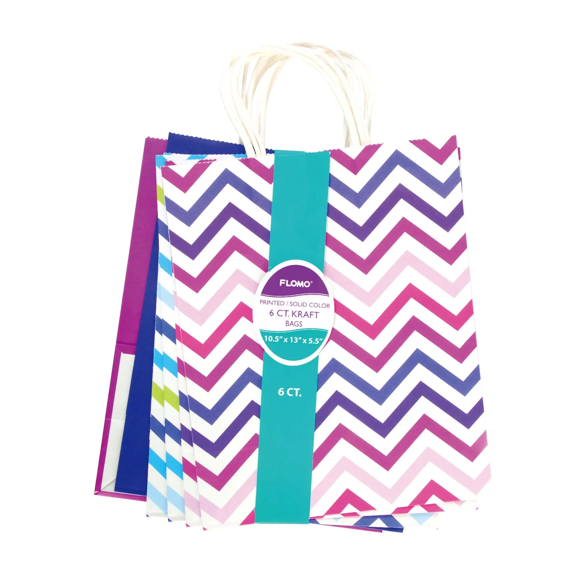 Large 6 Pack Bundled Chevron Design, White Kraft Bag W/White Color Handle, 2Designs 2 Colors
