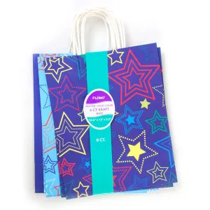 Large 6 Pack Bundled Stars Design, White Kraft Bag W/White Color Handle, 2Designs 2 Colors