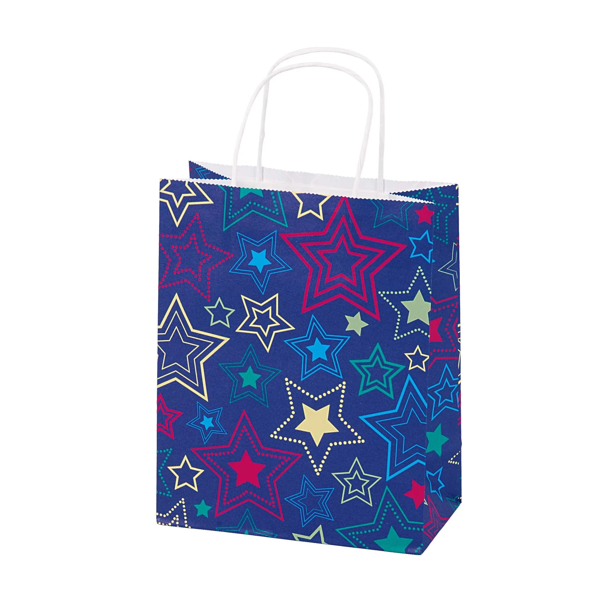 Large 6 Pack Bundled Stars Design, White Kraft Bag W/White Color Handle, 2Designs 2 Colors