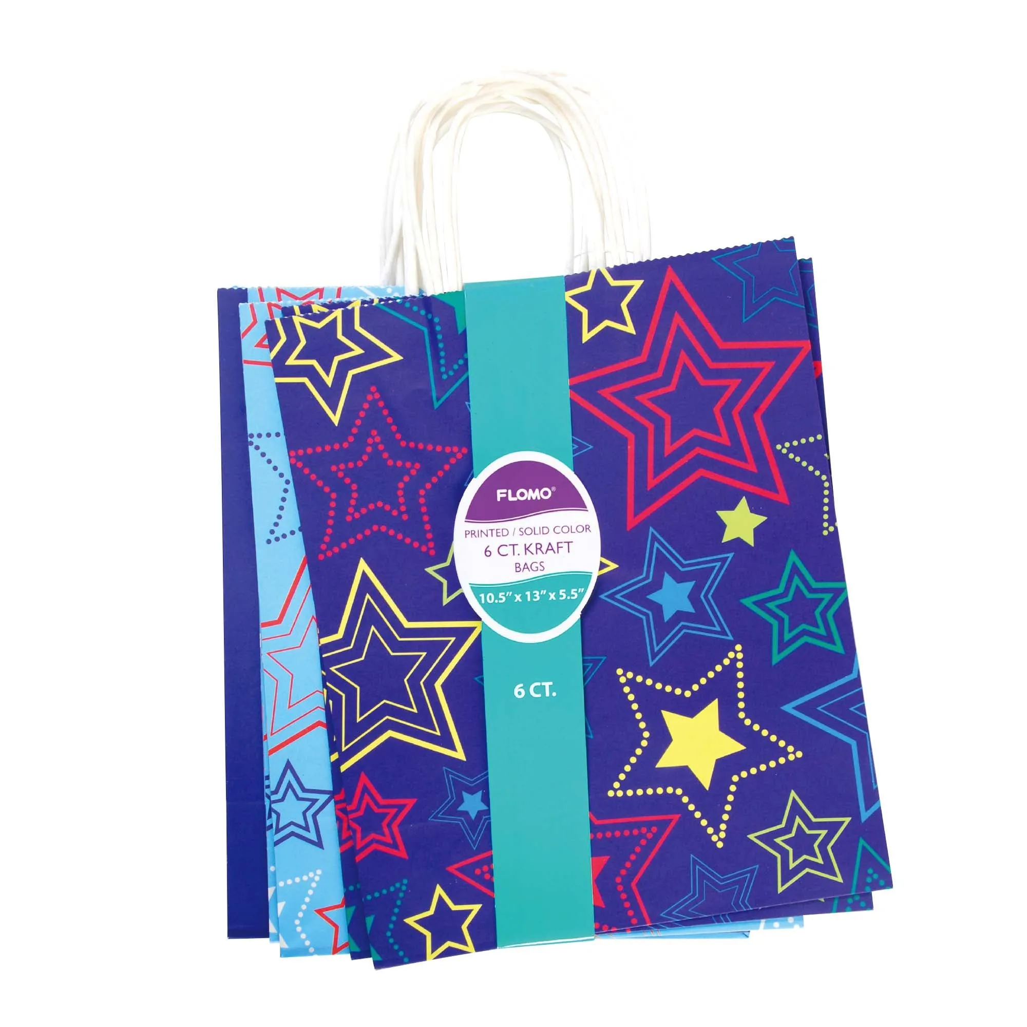 Large 6 Pack Bundled Stars Design, White Kraft Bag W/White Color Handle, 2Designs 2 Colors