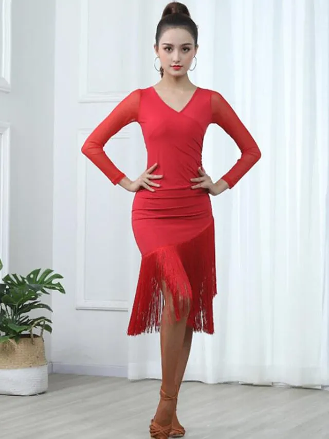Latin Dance Dress Tassel Pure Color Splicing Women's Training Performance Long Sleeve High Polyester Women's Daily Dress