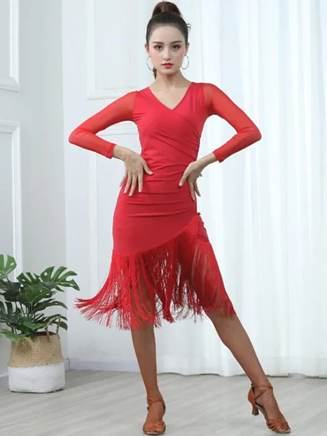 Latin Dance Dress Tassel Pure Color Splicing Women's Training Performance Long Sleeve High Polyester Women's Daily Dress