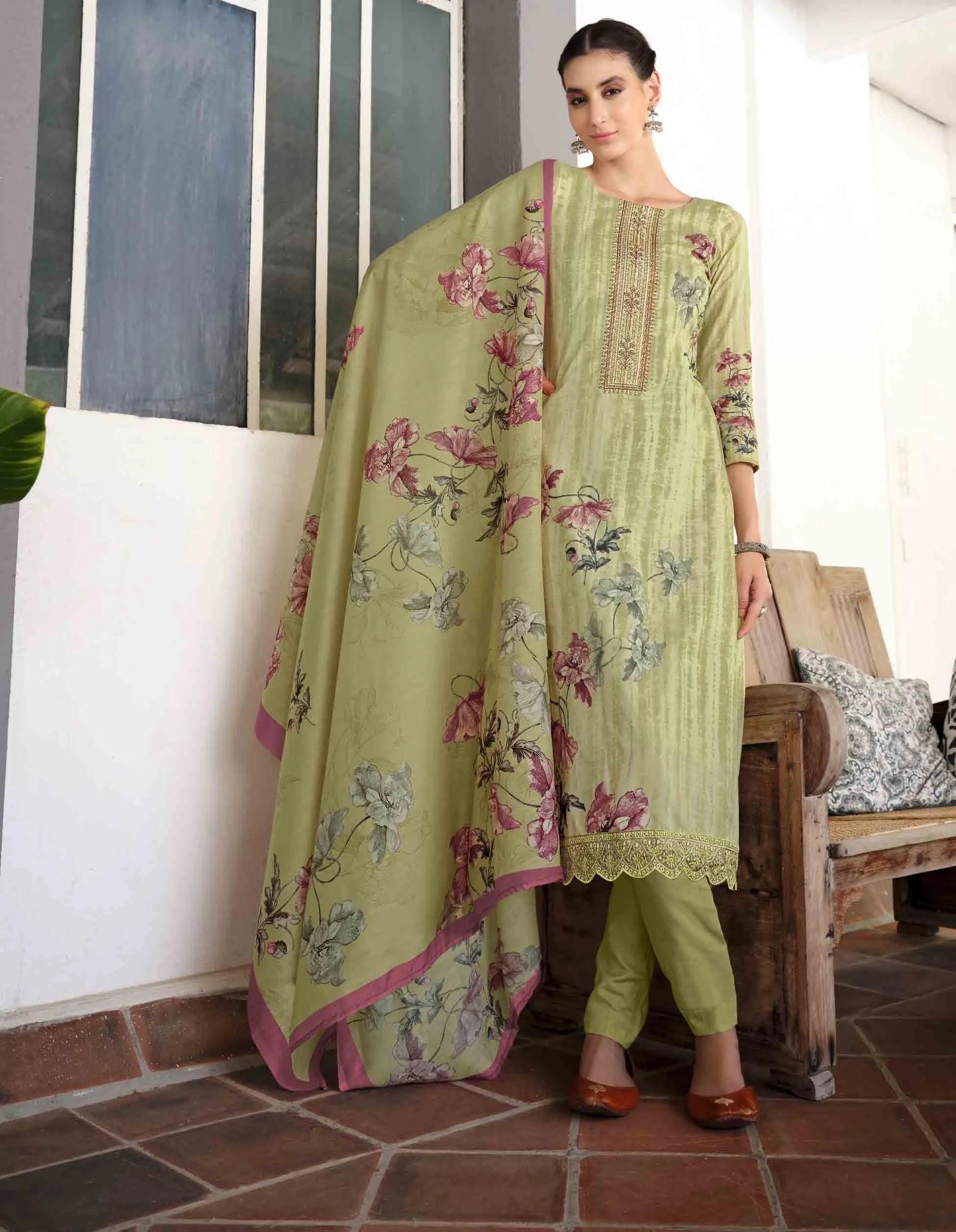Lawn Cotton Unstitched Women Suits Green Embroidery Dress Materials