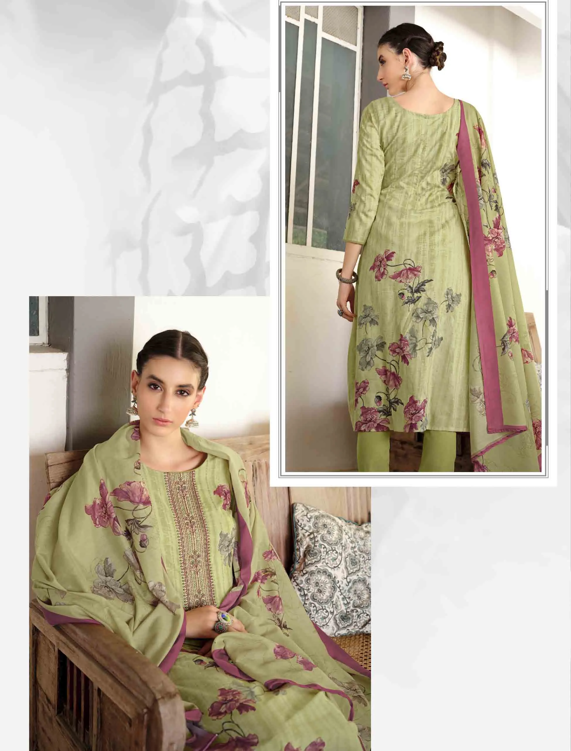 Lawn Cotton Unstitched Women Suits Green Embroidery Dress Materials