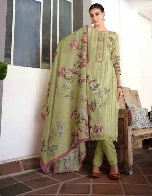Lawn Cotton Unstitched Women Suits Green Embroidery Dress Materials