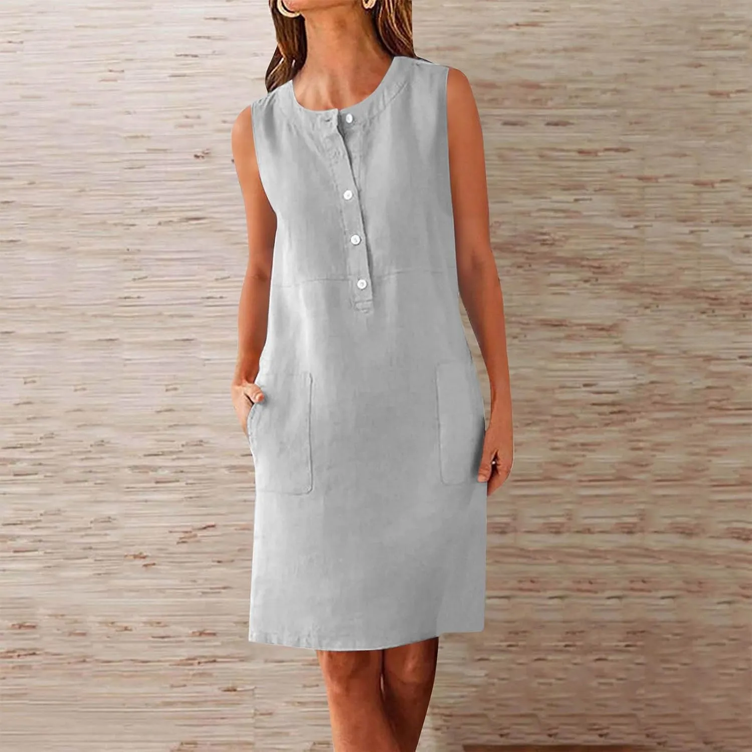Linen Dresses for Women 2025 Sleeveless Button Down Shirt Dress Casual Summer Mini Dresses with Pockets