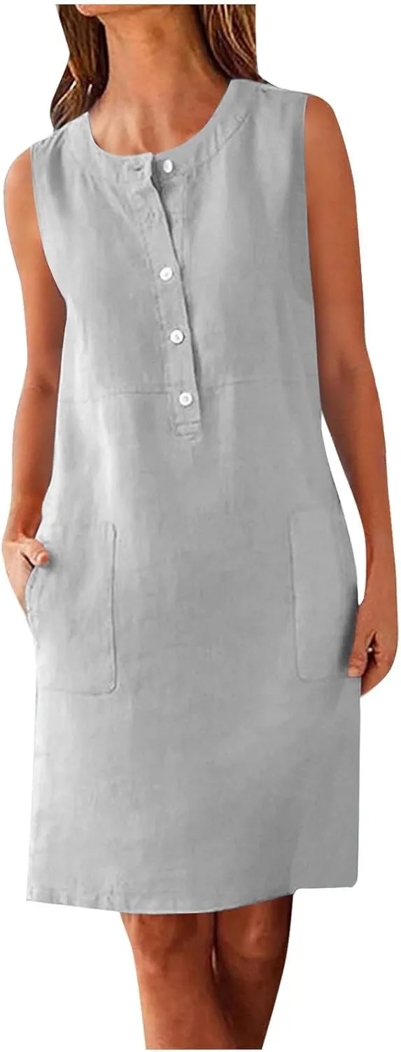 Linen Dresses for Women 2025 Sleeveless Button Down Shirt Dress Casual Summer Mini Dresses with Pockets