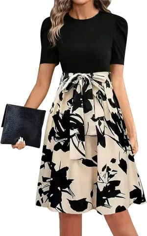 Long Floral Dresses for Women Short Sleeve Elegant Boho Tie Belted Empire Waist Patchwork Modest Flowy Maxi Dress