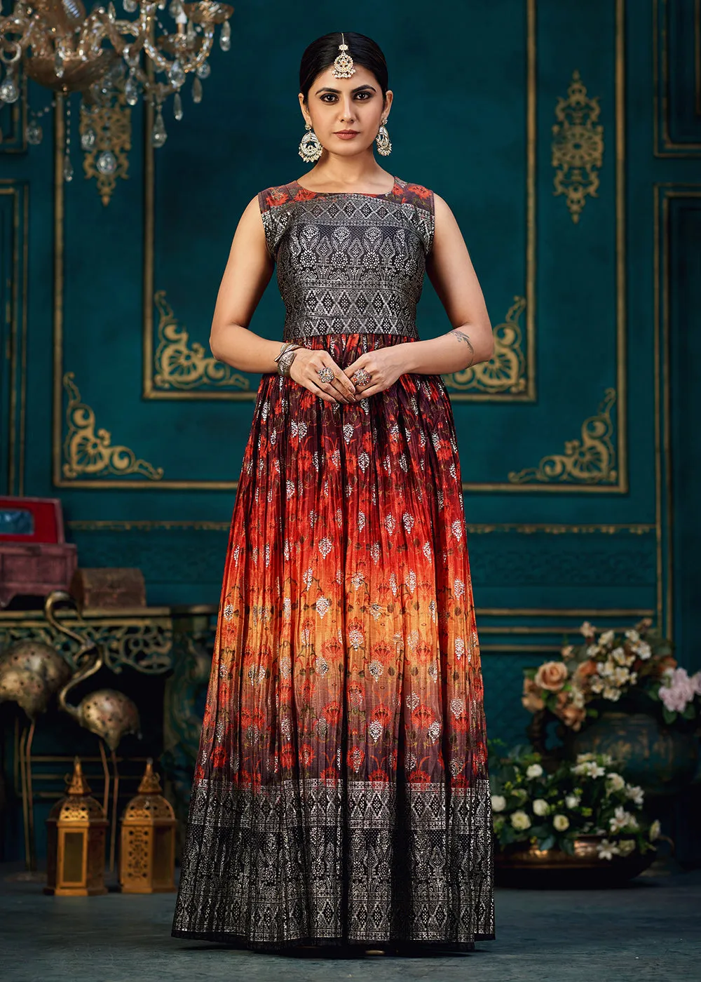 Lovely Multicolor Digital Foil Printed Ready to Wear Gown