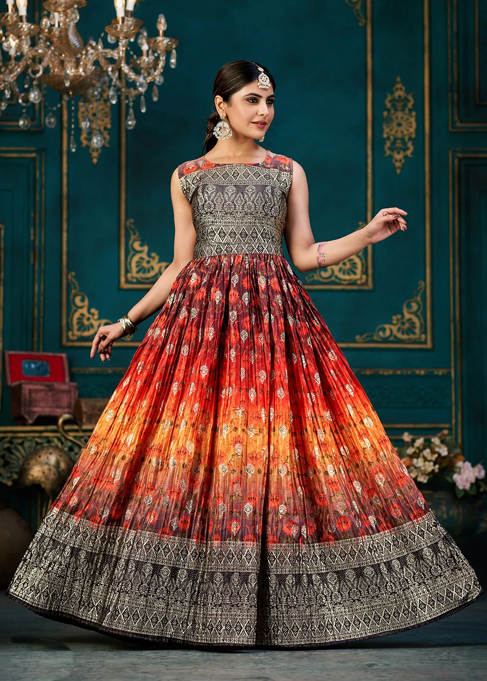 Lovely Multicolor Digital Foil Printed Ready to Wear Gown