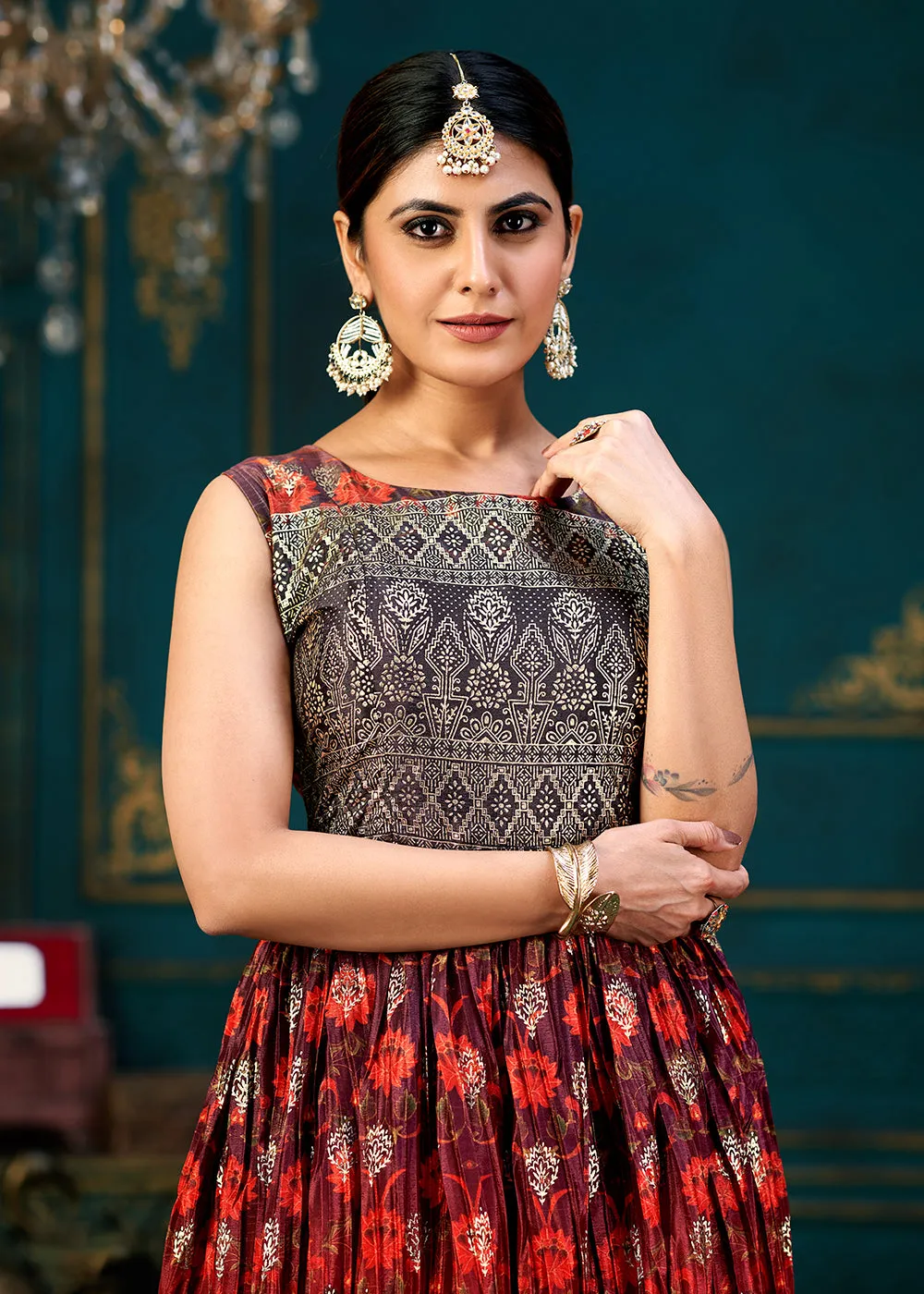 Lovely Multicolor Digital Foil Printed Ready to Wear Gown