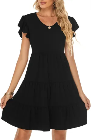 Lyrur Sundresses for Women Wedding Guest Cute Ruffle Sleeve Mini Tiered Babydoll Casual Beach Black Summer Dresses