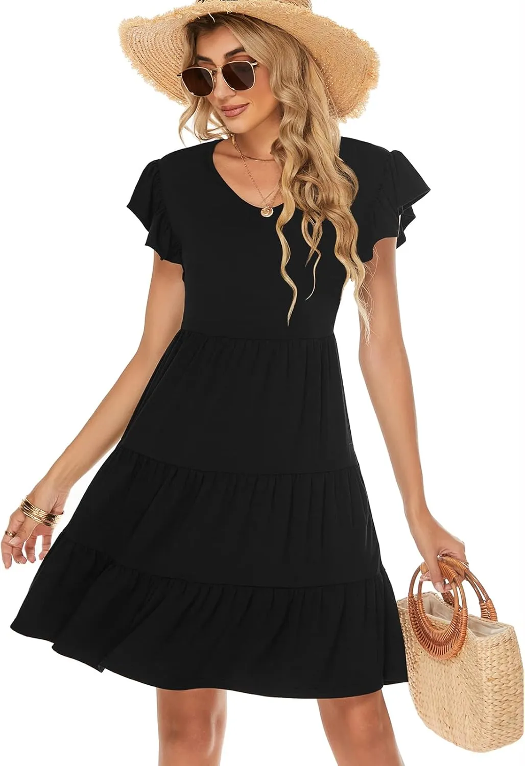 Lyrur Sundresses for Women Wedding Guest Cute Ruffle Sleeve Mini Tiered Babydoll Casual Beach Black Summer Dresses