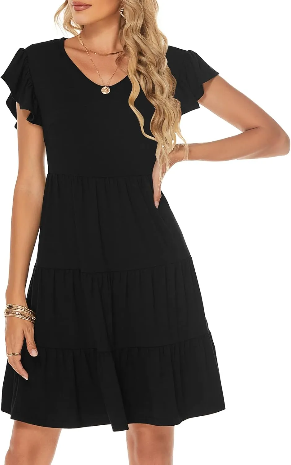 Lyrur Sundresses for Women Wedding Guest Cute Ruffle Sleeve Mini Tiered Babydoll Casual Beach Black Summer Dresses