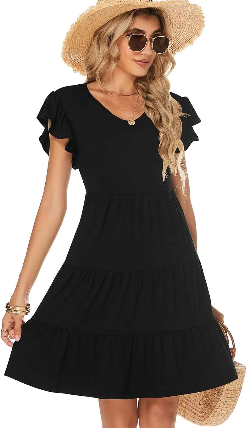 Lyrur Sundresses for Women Wedding Guest Cute Ruffle Sleeve Mini Tiered Babydoll Casual Beach Black Summer Dresses
