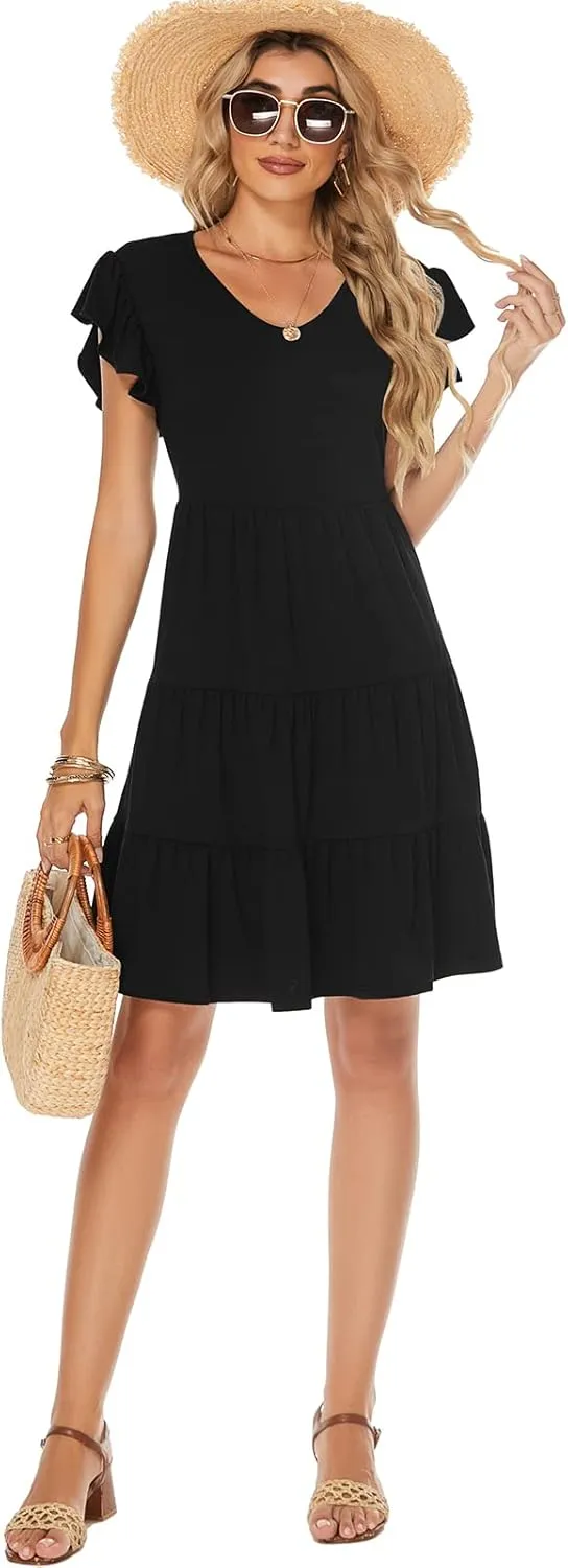 Lyrur Sundresses for Women Wedding Guest Cute Ruffle Sleeve Mini Tiered Babydoll Casual Beach Black Summer Dresses
