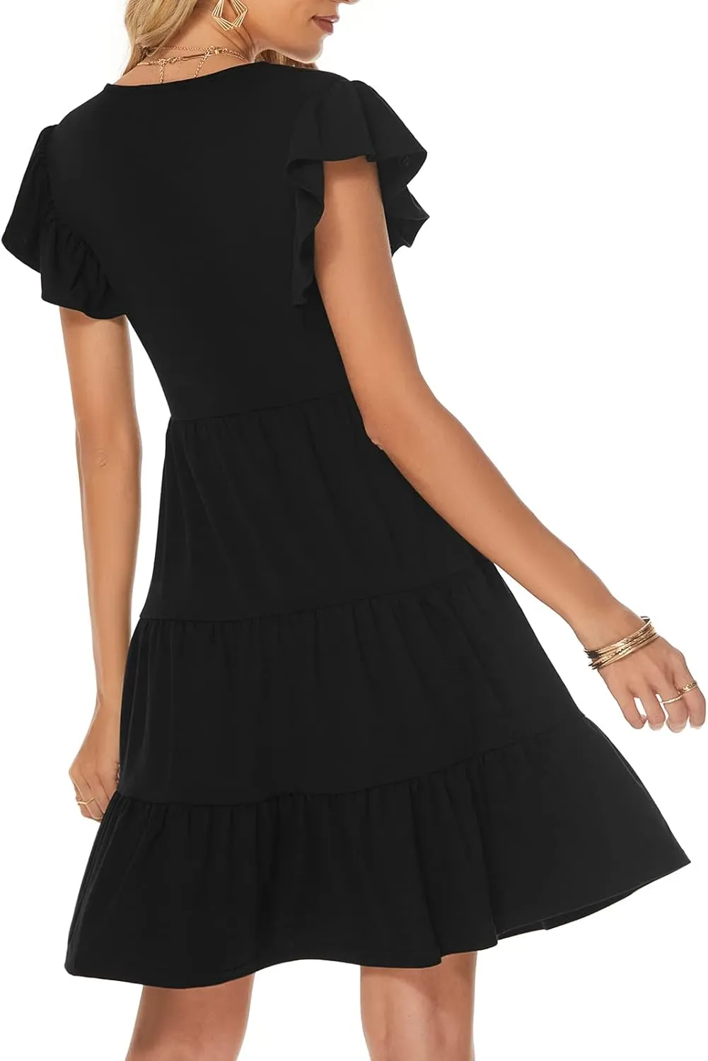 Lyrur Sundresses for Women Wedding Guest Cute Ruffle Sleeve Mini Tiered Babydoll Casual Beach Black Summer Dresses