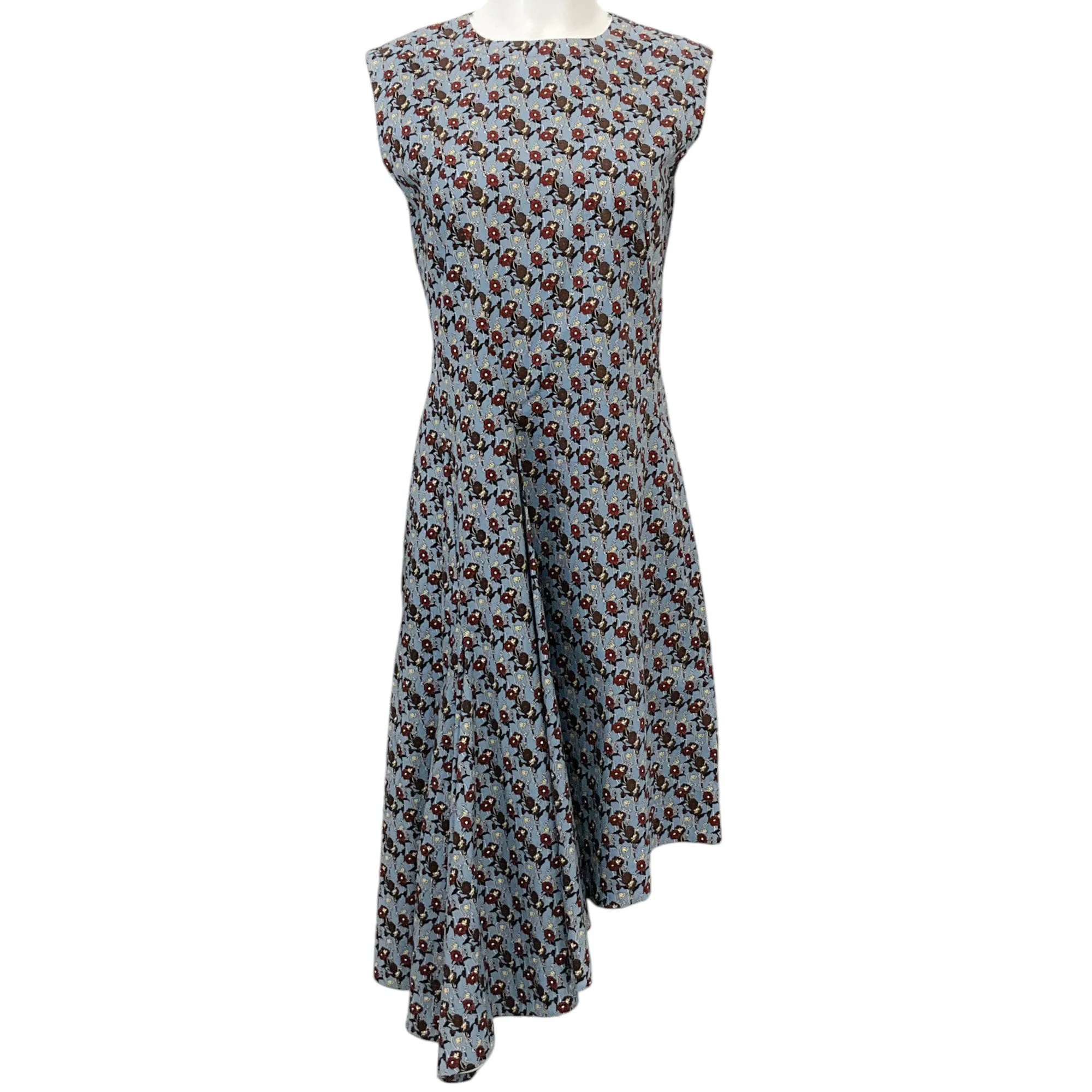 Marni Blue / Brown Cotton Floral Print Sleeveless Dress with Asymmetric Hem