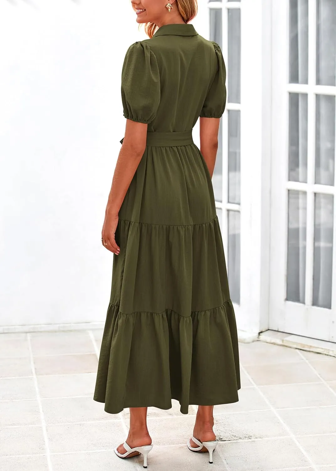 MASCOMODA Womens Summer Dresses 2025 Short Sleeve Maxi Dress Casual V Neck Button Down Tiered A Line Flowy Midi Shirt Dress