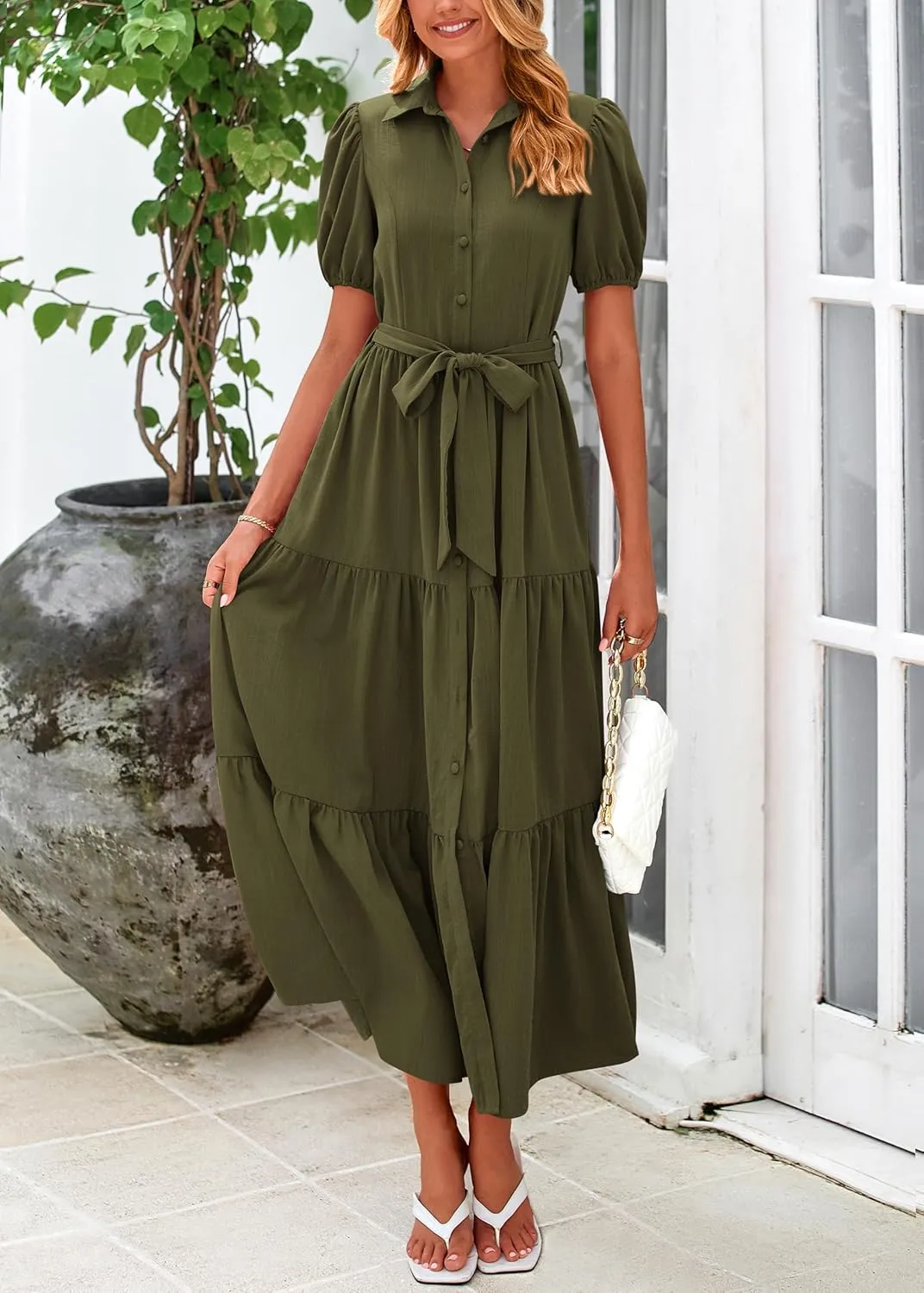 MASCOMODA Womens Summer Dresses 2025 Short Sleeve Maxi Dress Casual V Neck Button Down Tiered A Line Flowy Midi Shirt Dress