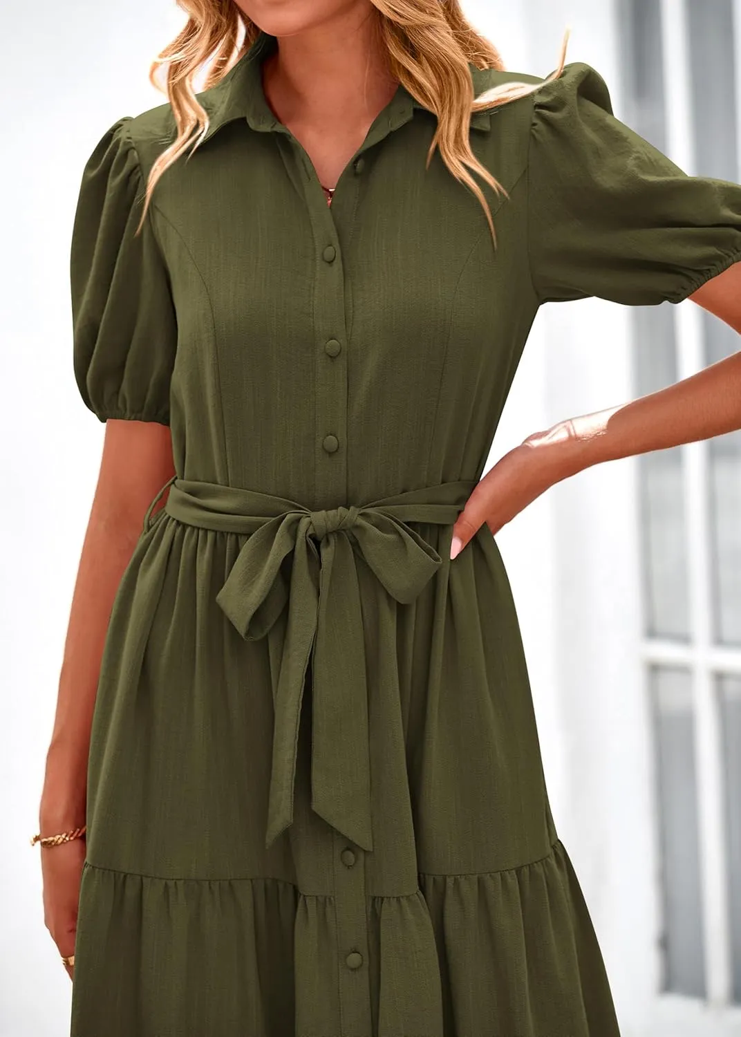MASCOMODA Womens Summer Dresses 2025 Short Sleeve Maxi Dress Casual V Neck Button Down Tiered A Line Flowy Midi Shirt Dress