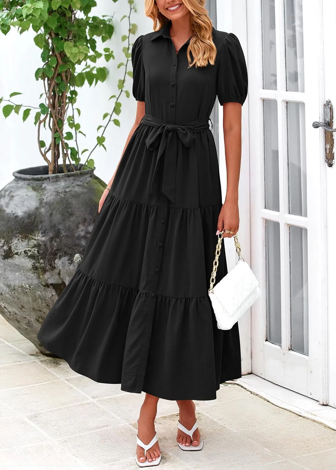 MASCOMODA Womens Summer Dresses 2025 Short Sleeve Maxi Dress Casual V Neck Button Down Tiered A Line Flowy Midi Shirt Dress