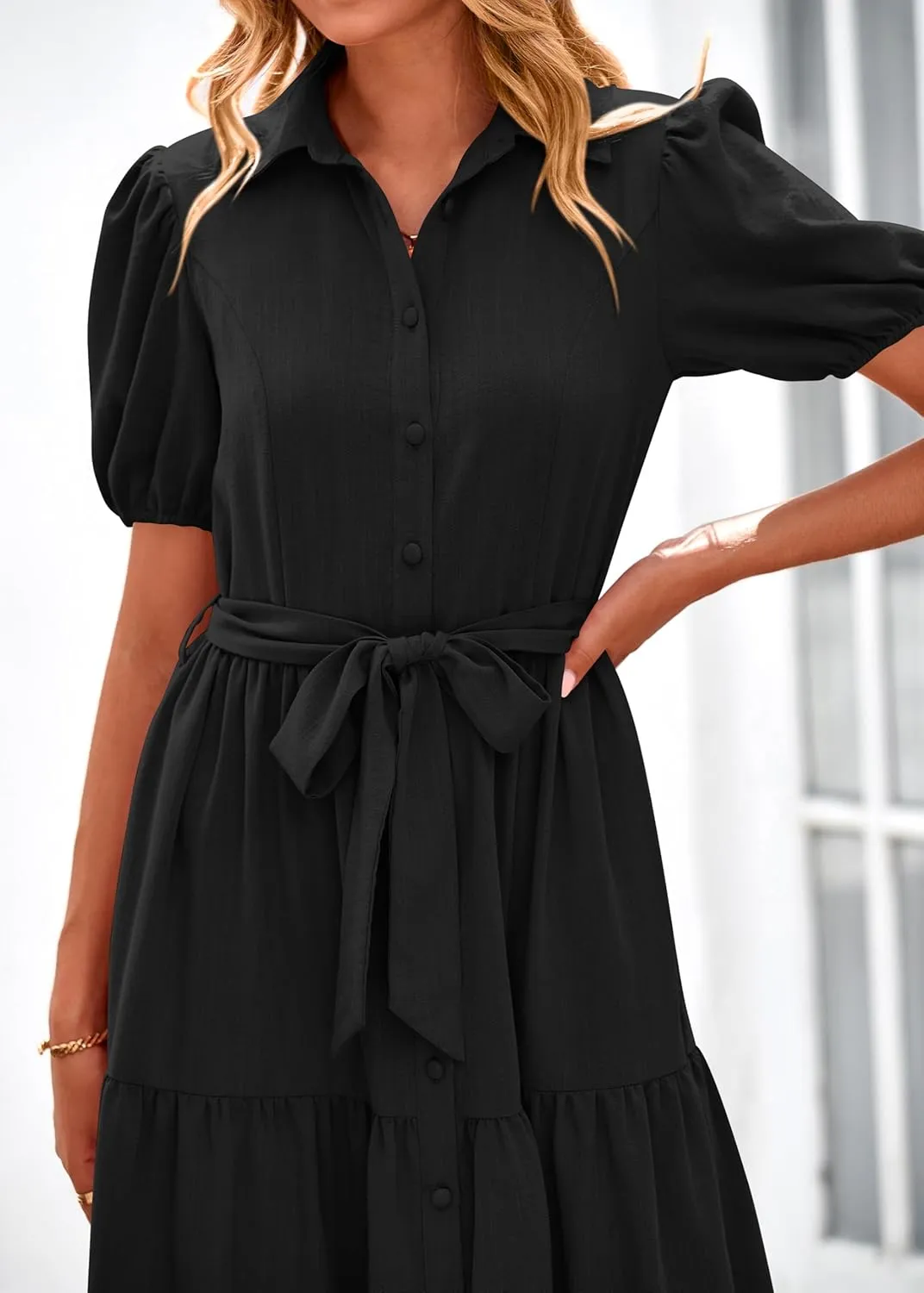 MASCOMODA Womens Summer Dresses 2025 Short Sleeve Maxi Dress Casual V Neck Button Down Tiered A Line Flowy Midi Shirt Dress