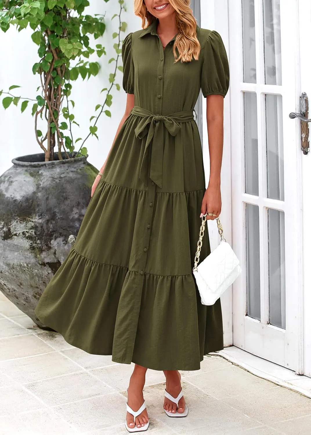 MASCOMODA Womens Summer Dresses 2025 Short Sleeve Maxi Dress Casual V Neck Button Down Tiered A Line Flowy Midi Shirt Dress